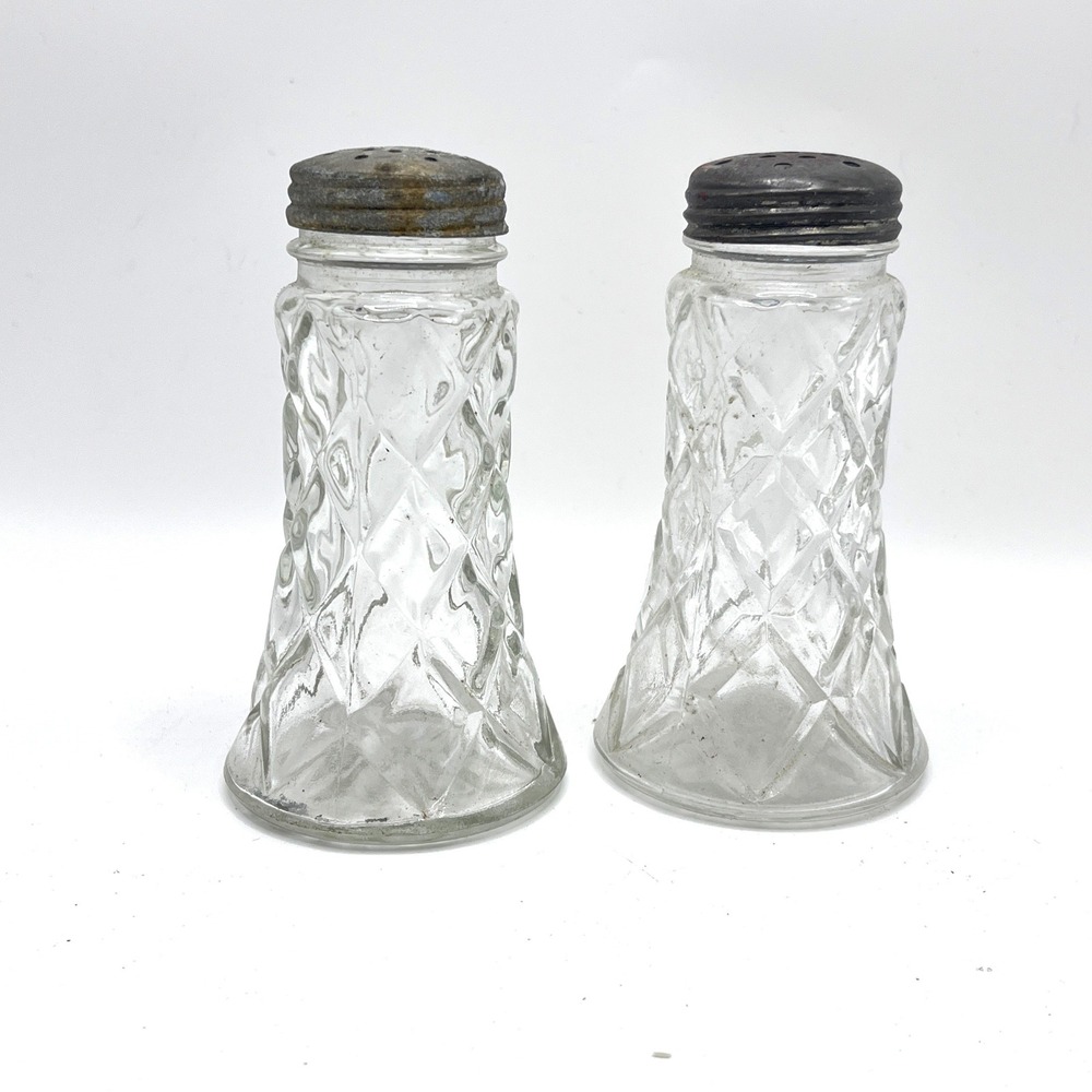 Vintage Pressed Glass Salt and Pepper Shakers Diamond Pattern Metal Lids Set